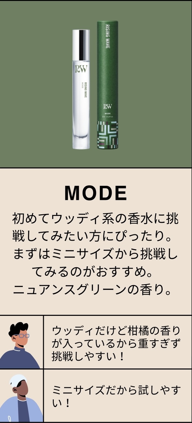MODE 初めてウッディ系の香水に挑戦してみたい方にぴったり。まずはミニサイズから挑戦してみるのがおすすめ。ニュアンスグリーンの香り。ウッディだけど柑橘の香りが入っているから重すぎず挑戦しやすい！ミニサイズだから試しやすい！