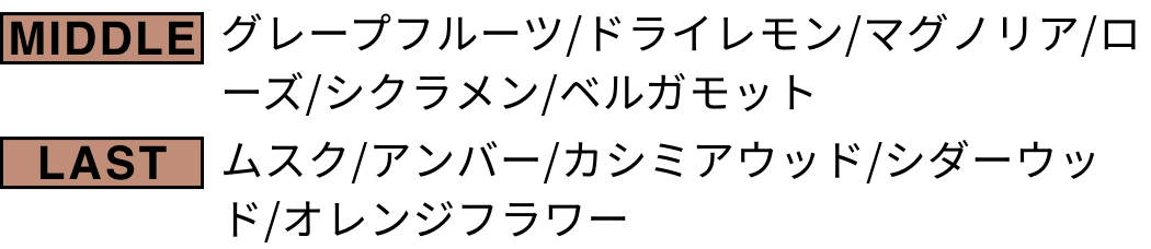 MIDDLE グレープフルーツ/ドライレモン/マグノリア/ローズ/シクラメン/ベルガモット LAST ムスク/アンバー/カシミアウッド/シダーウッド/オレンジフラワー